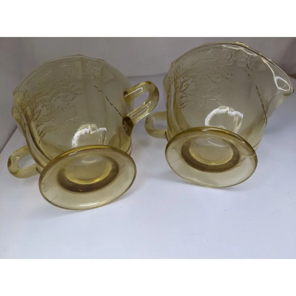 Vintage Federal Glass Yellow‎ Sugar Bowl And Footed Creamer